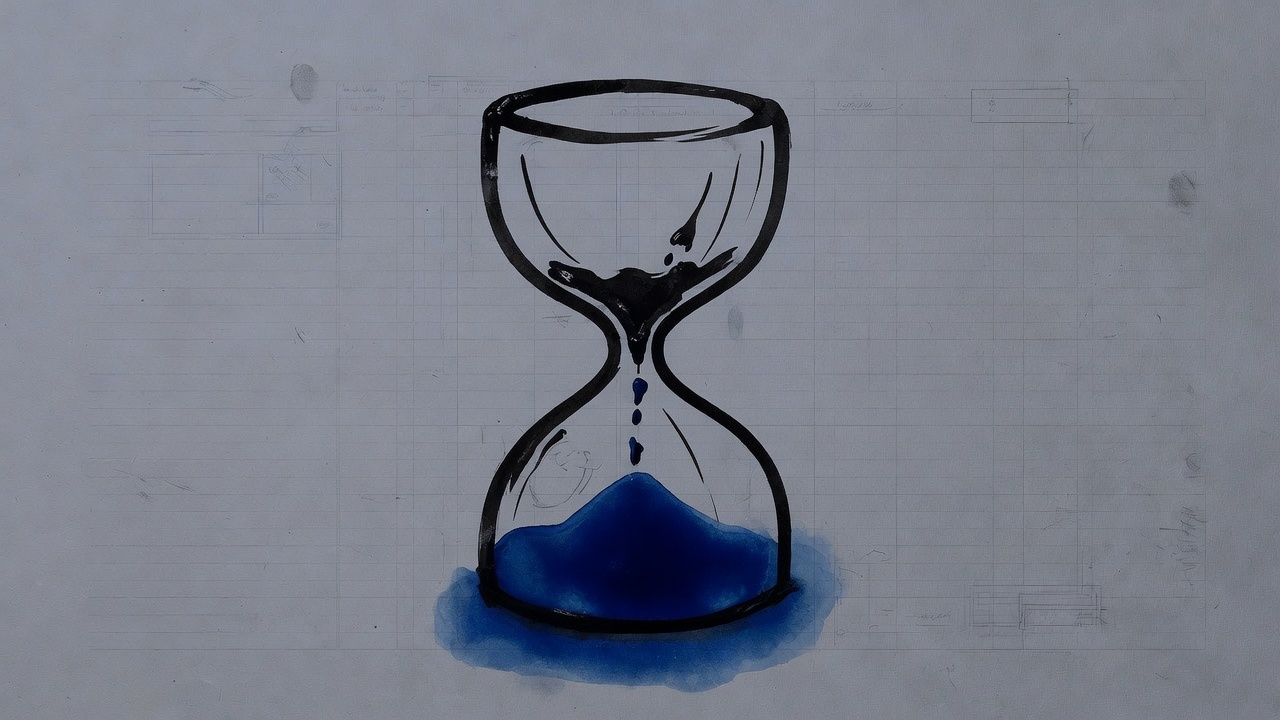 Hand-inked hourglass on dusk ledger paper, cobalt pooled in the bottom