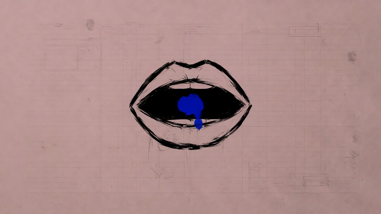A simple open mouth in black brush ink on rose ledger paper, cobalt stain in the opening