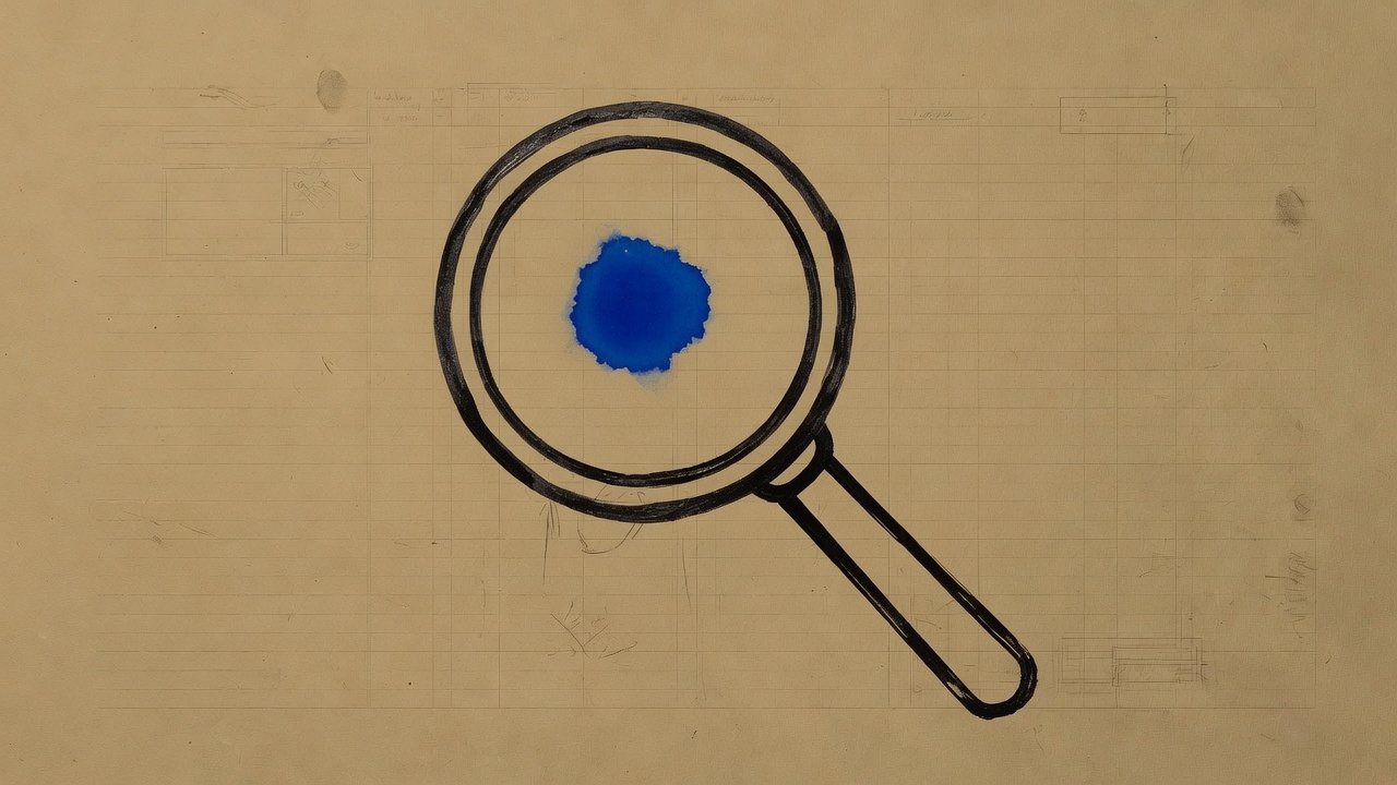 Hand-inked magnifying glass on ochre ledger paper, cobalt blot in the lens