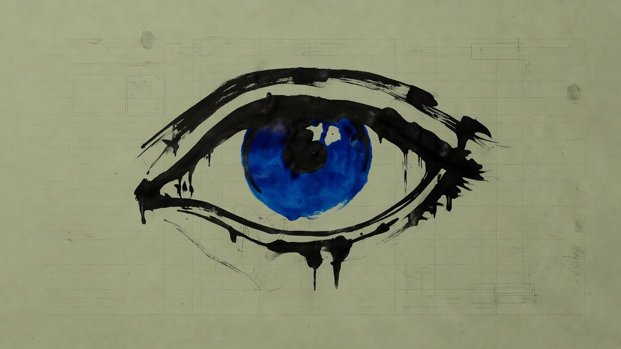 Hand-inked eye on olive ledger paper with a cobalt iris