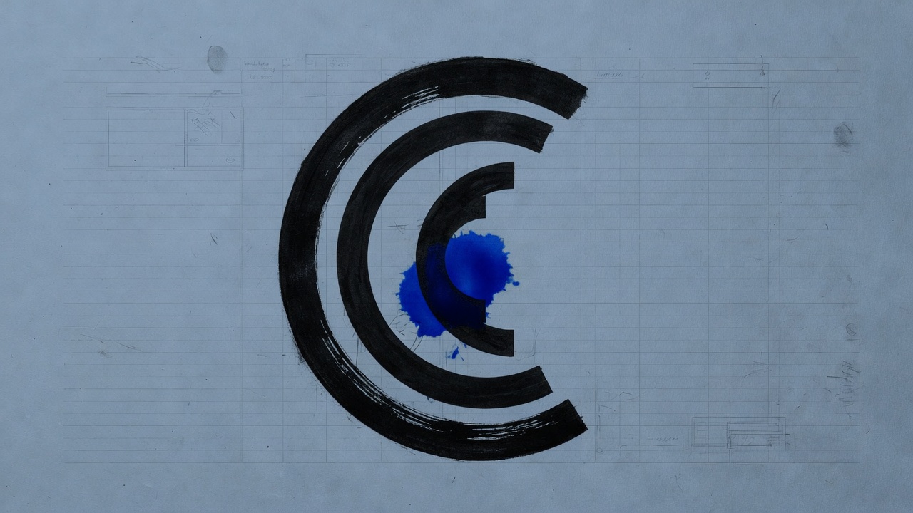Hand-inked Cerebras concentric C on blueprint ledger paper, cobalt stain in the open mouth