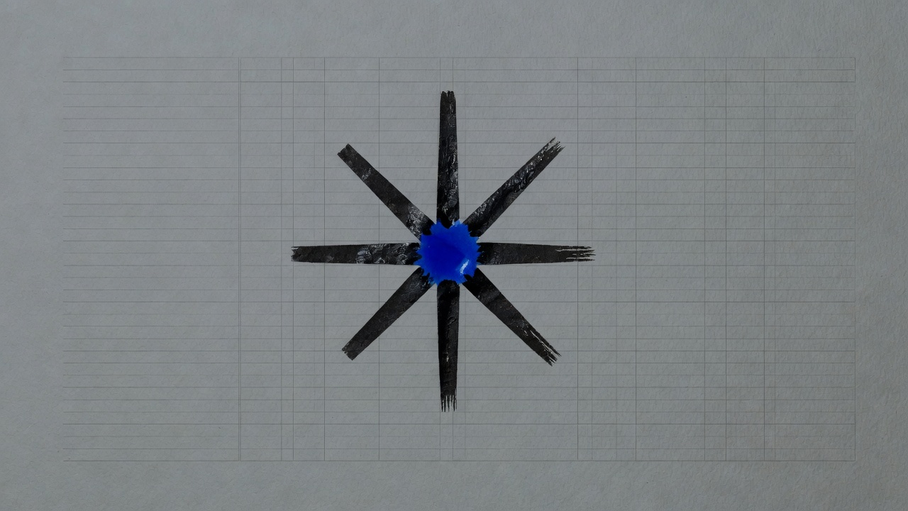 A single hand-inked Claude asterisk on slate ledger paper, cobalt at the center