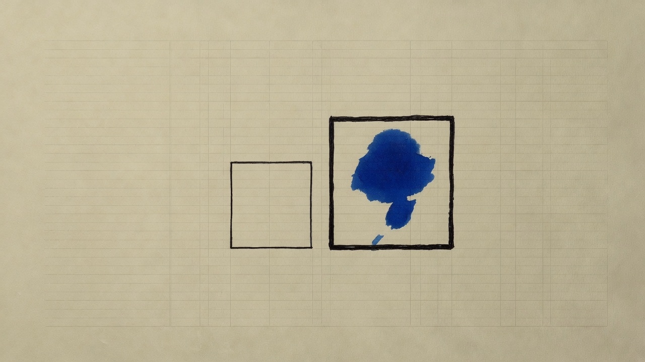 Two ink rectangles on cream ledger paper, a small empty one beside a larger one filled with cobalt