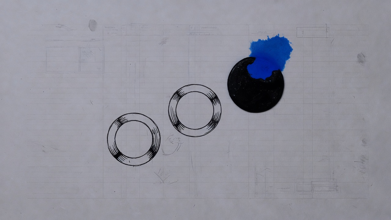 Three ranking discs on periwinkle ledger paper, the last filled with a cobalt blot