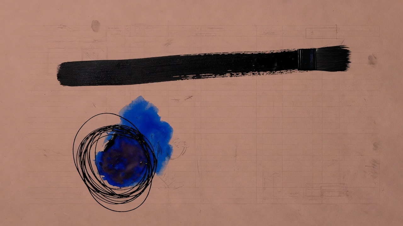 A straight ink stroke beside a circular scribble on terracotta ledger paper