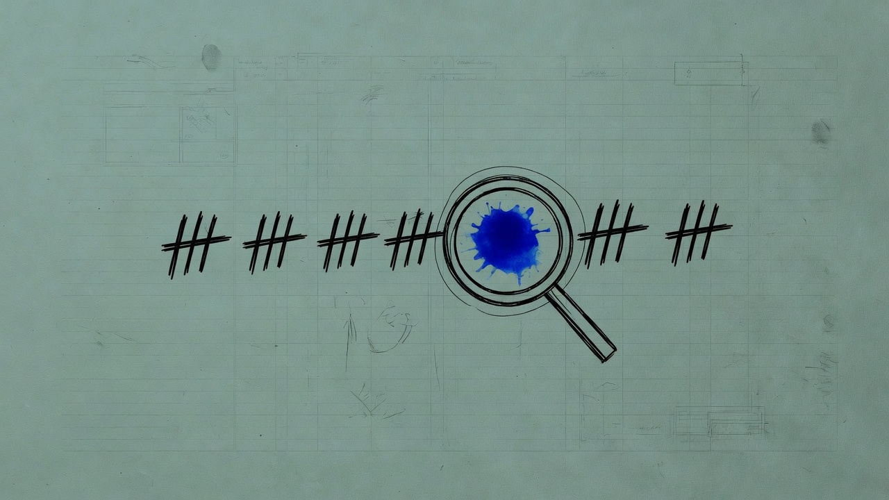 Eight ink hashes on teal ledger paper, a magnifying glass over one with a cobalt blot