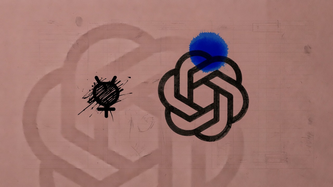 A small Mercury mark beside a hand-inked OpenAI blossom on brick ledger paper